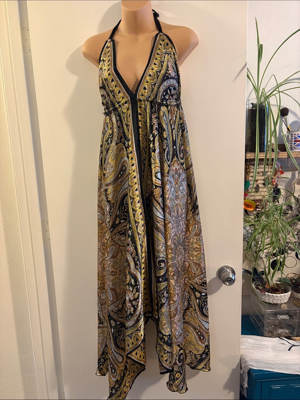 Boho Halter Paisley Maxi Dress in Black & Gold
